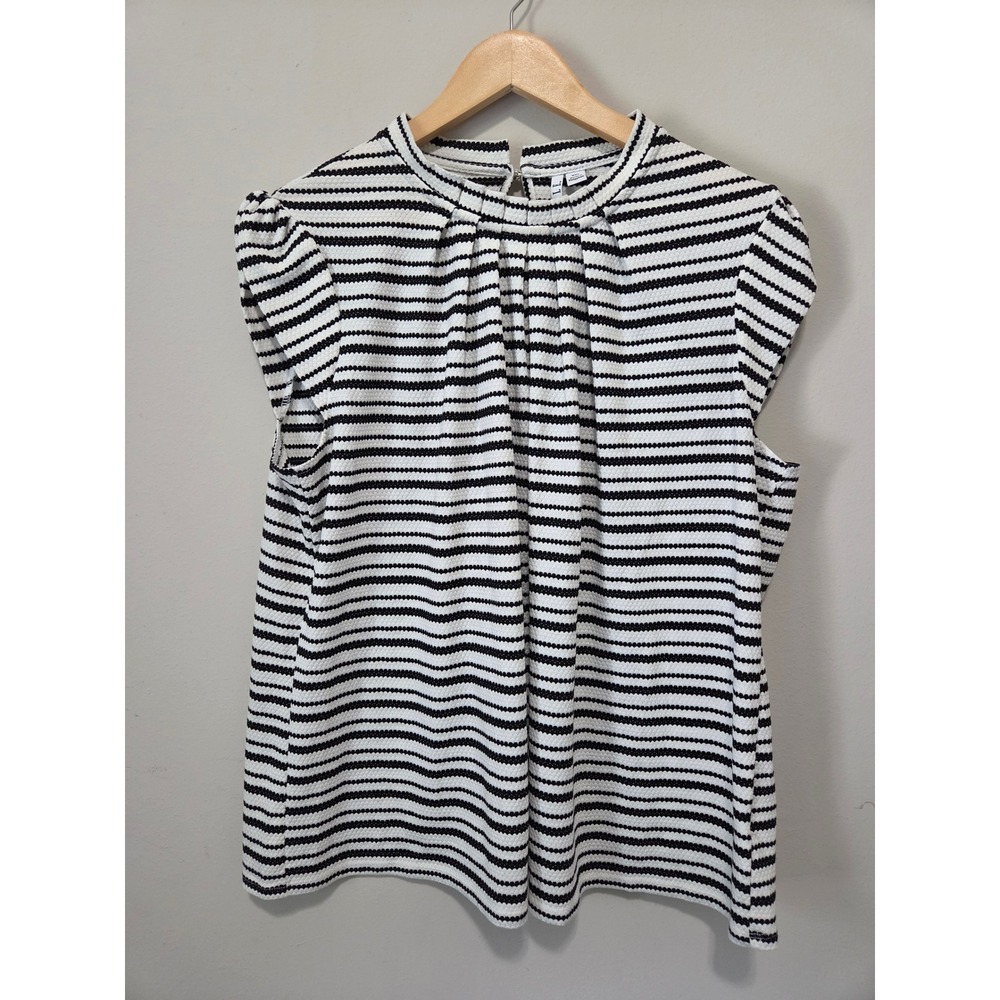 ELLE Women XXL Black White Striped Textured Jacquard Mock‎ Neck Blouse Top